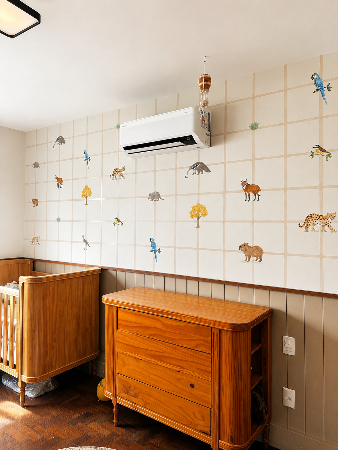 Animais sobre um desenho quadriculado em quarto de bebê