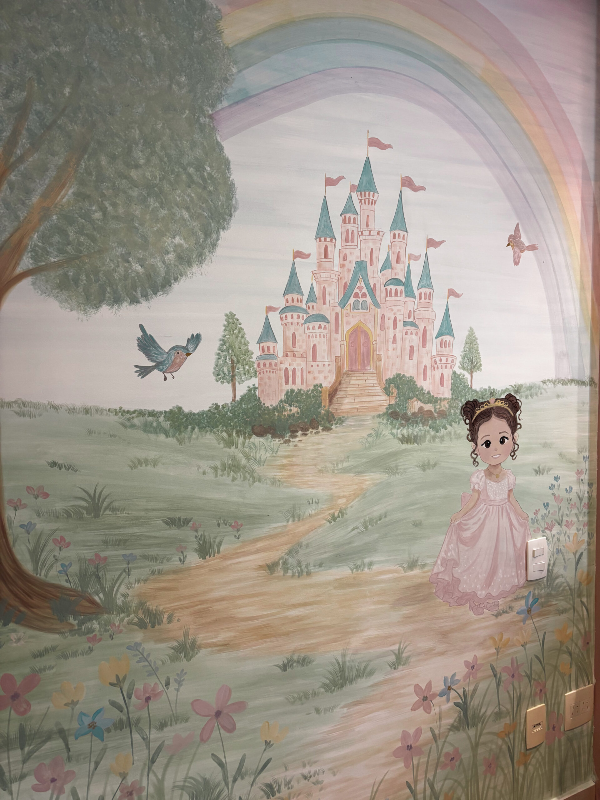 Castelo, arco-íris e personagem em uma paisagem de conto de fadas