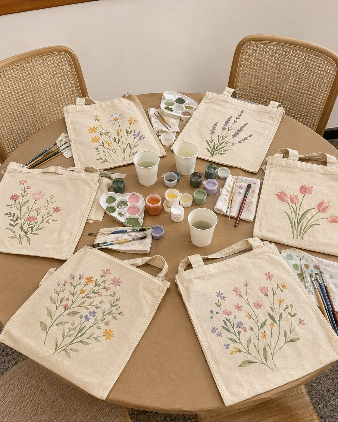 Ecobags pintadas à mão com flores delicadas, dispostas em círculo sobre a mesa